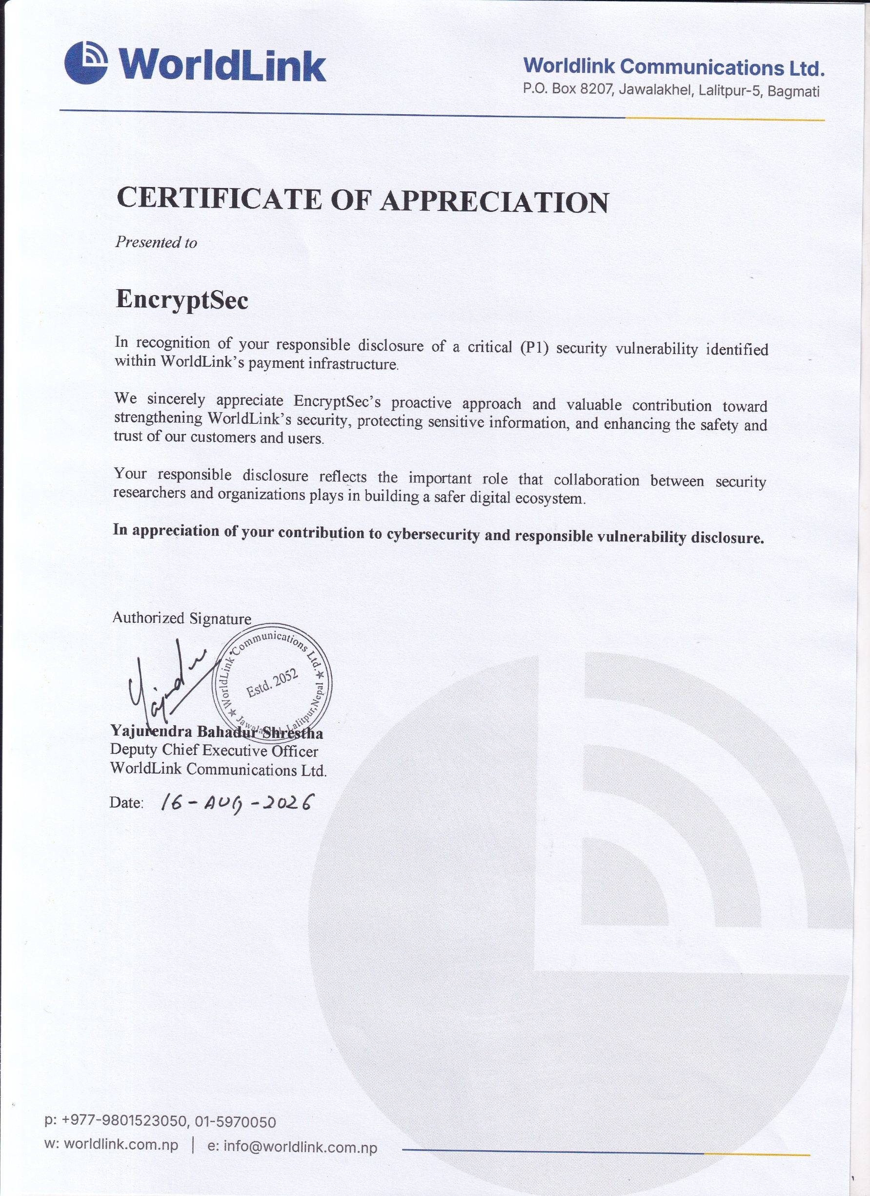 Certificate of Appreciation — World Link