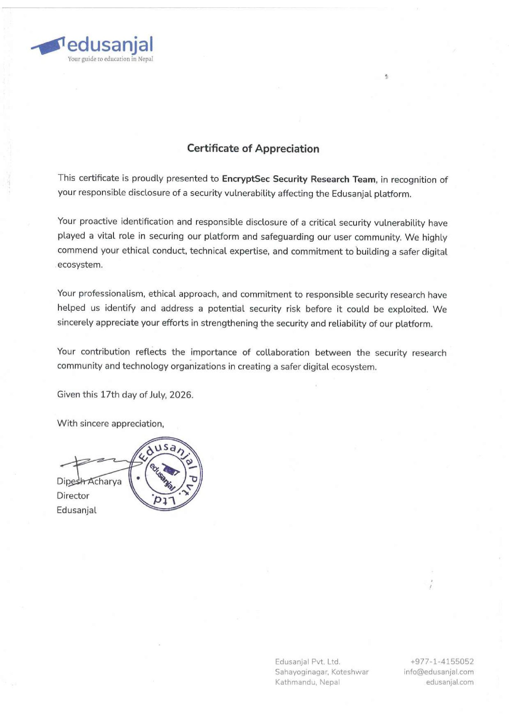Certificate of Appreciation — Edu Sanjal