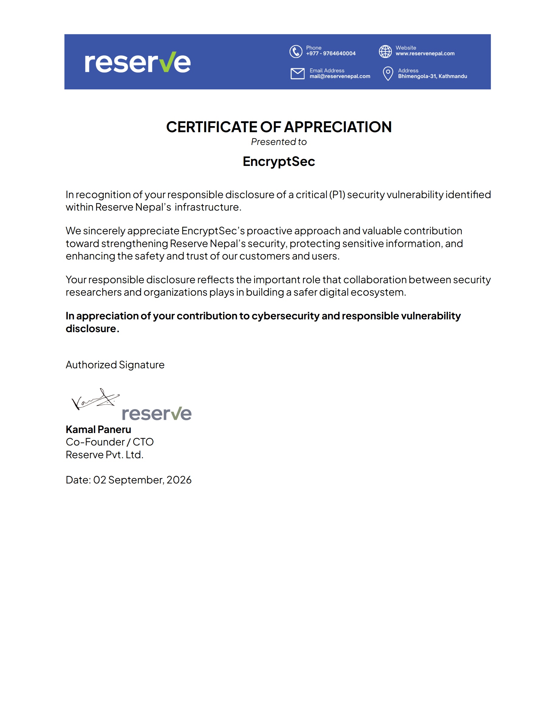 Certificate of Appreciation — Reserve Pvt Ltd