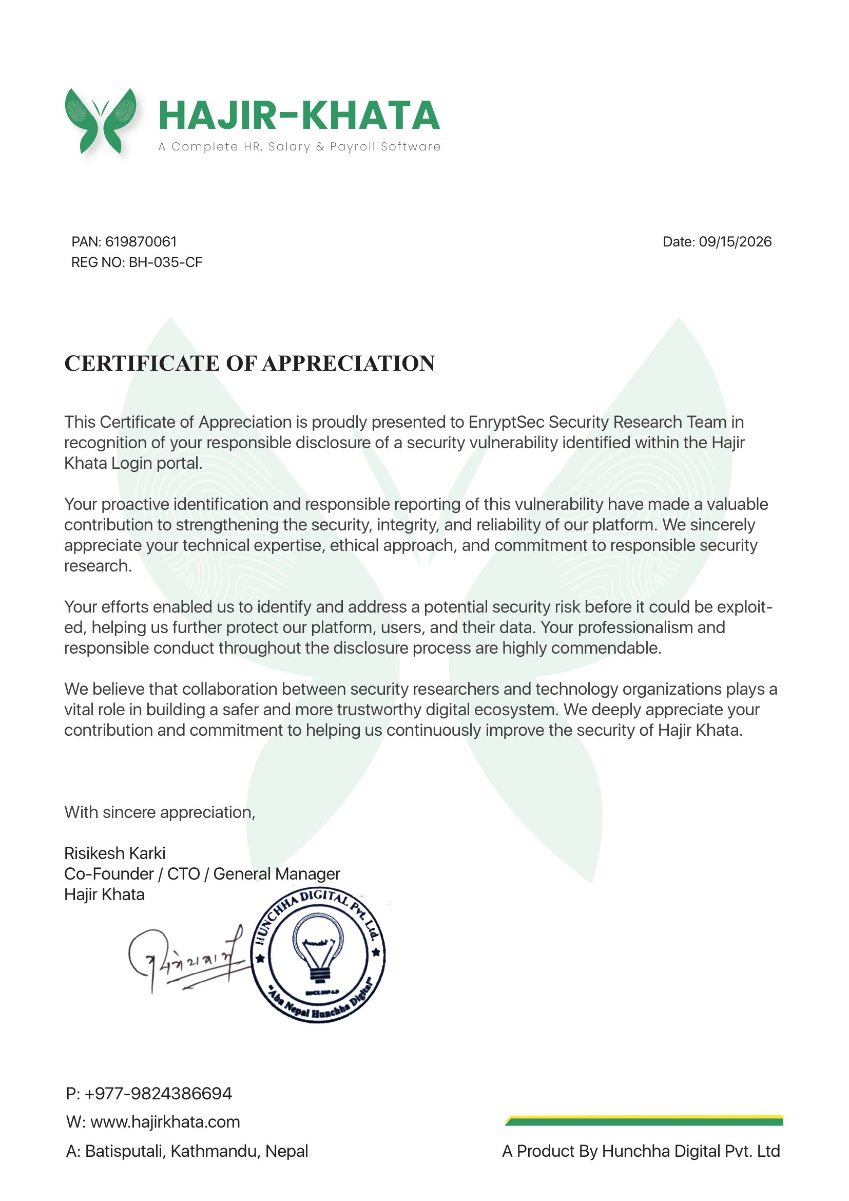 Certificate of Appreciation — Hajir Khata - Payroll CRM