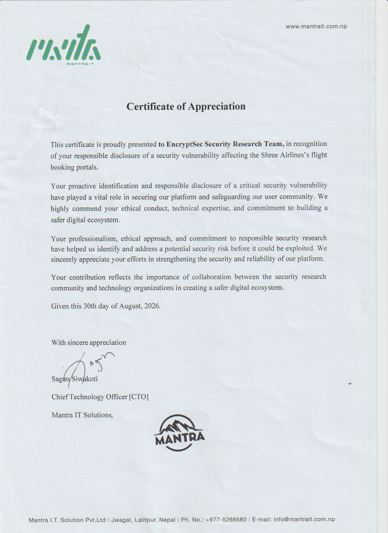 Certificate of Appreciation — Shree Airlines